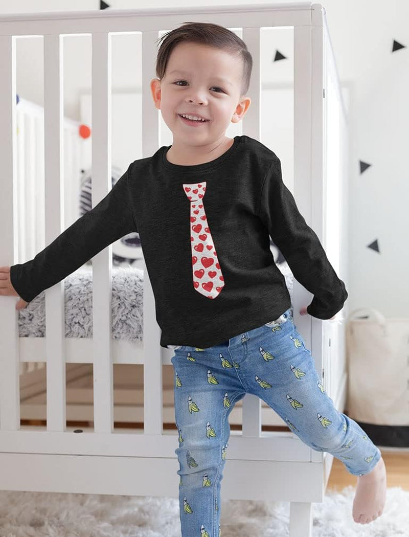 Boys Valentines Day Shirt Red Hearts Tie Toddler Kids Long Sleeve T-Shirt