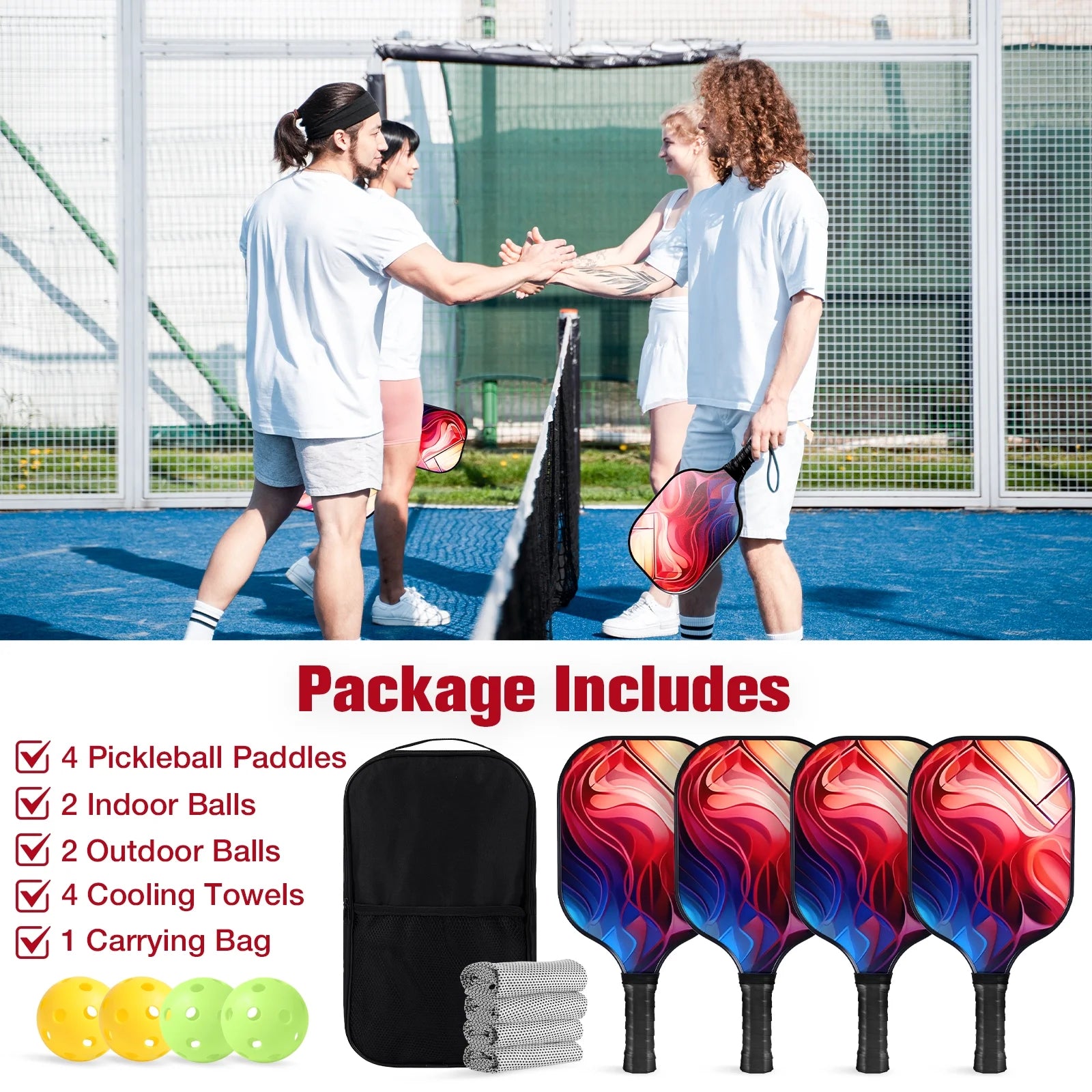 Pickleball Paddles Set of 4, with 4 Fiberglass Paddles, 4 Pickle-Ball , 4 Cooling Towel, 1 Pickleball Bag, PP Honeycomb Core Pickleball Equipment Is the Perfect Gift for Beginners & Amateurs