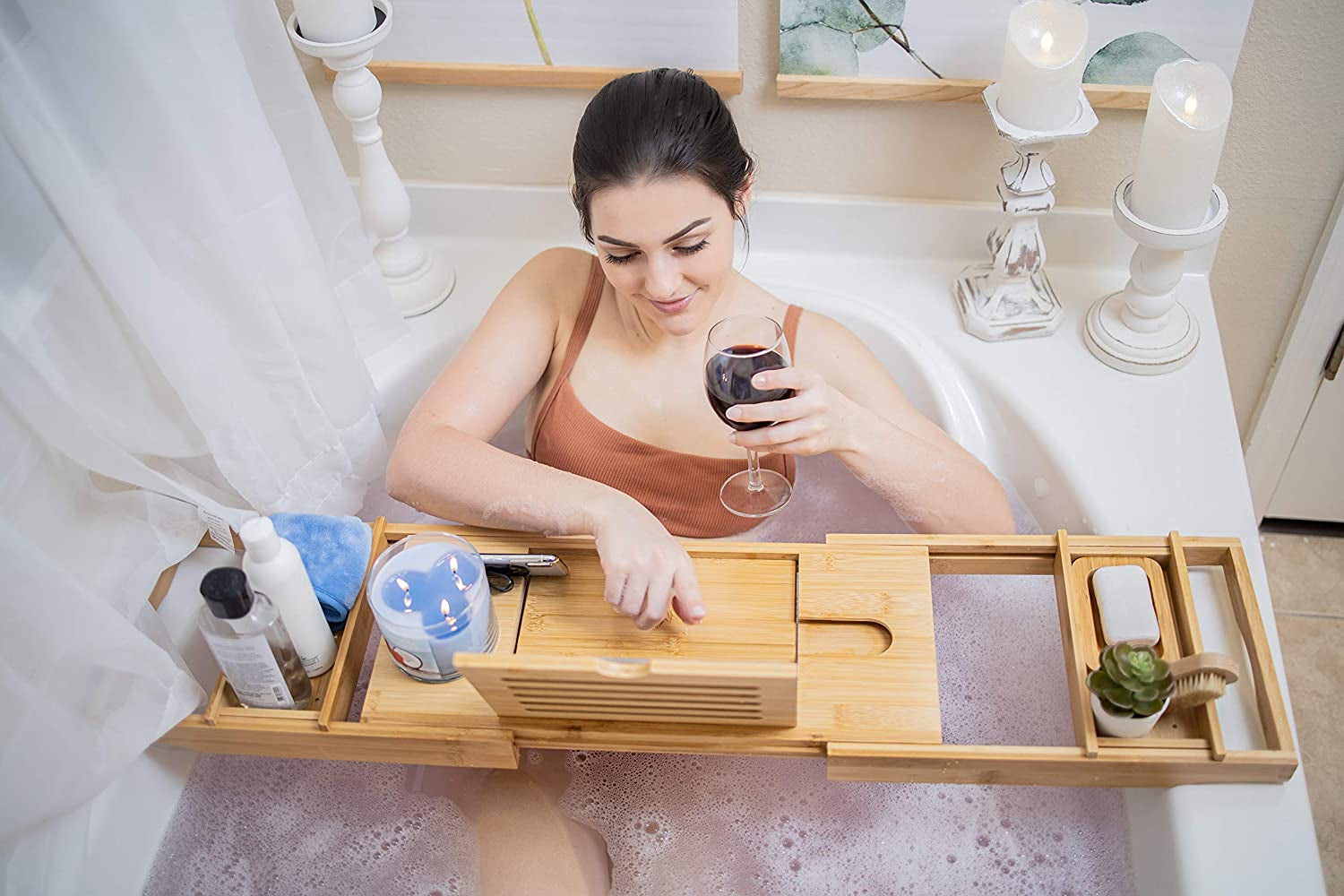 Bathtub Caddy Tray (Natural)- Bamboo Wood Bath Tray and Bath Caddy for a Home Spa Experience