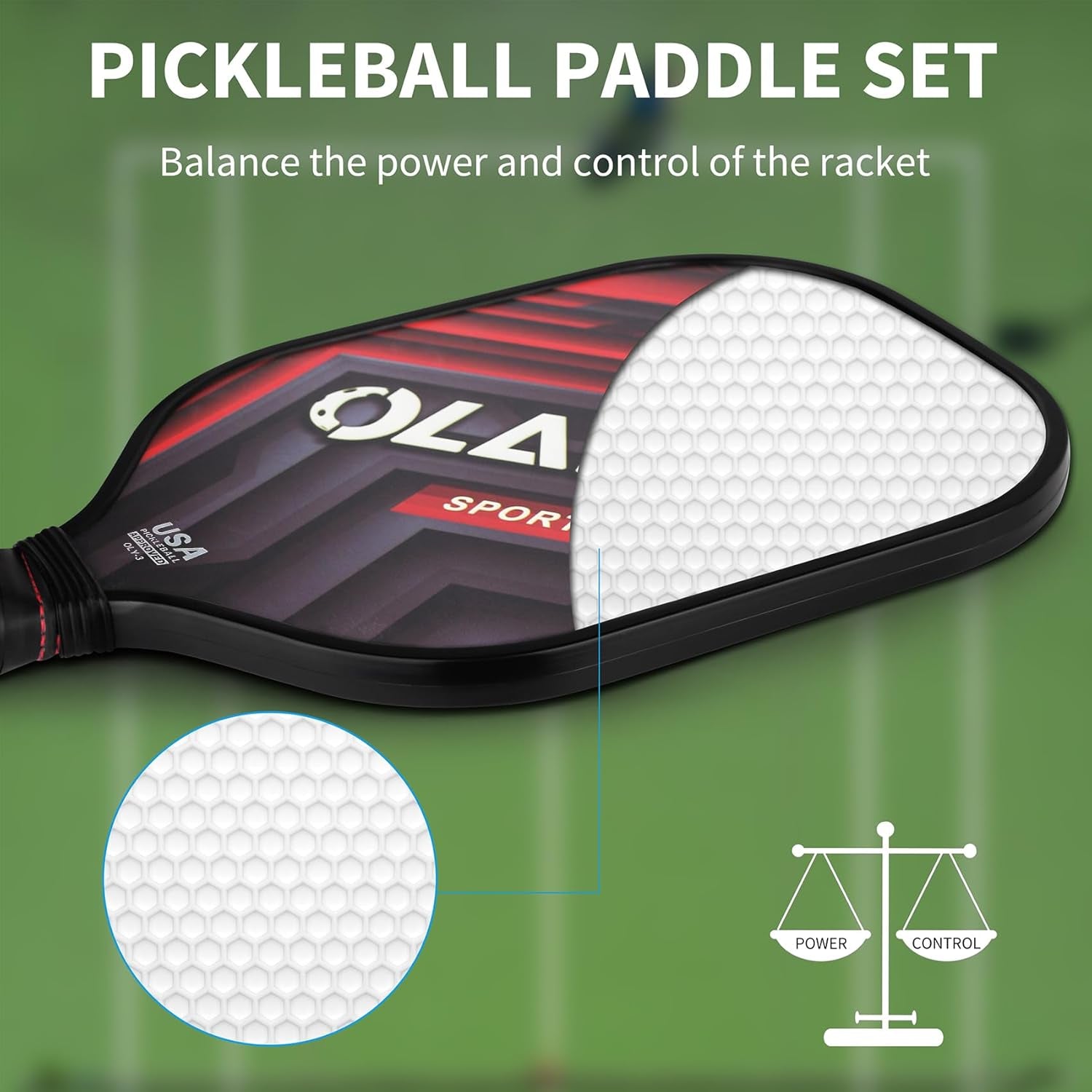 Graphite Pickleball Paddles 4 Pack - Premium Rackets Fiber Face & Polymer Honeycomb Core Pickleball Set Includes 4 Pickleball Paddles + 6 Balls+ 4 Replacement Soft Grip + 1 Bag