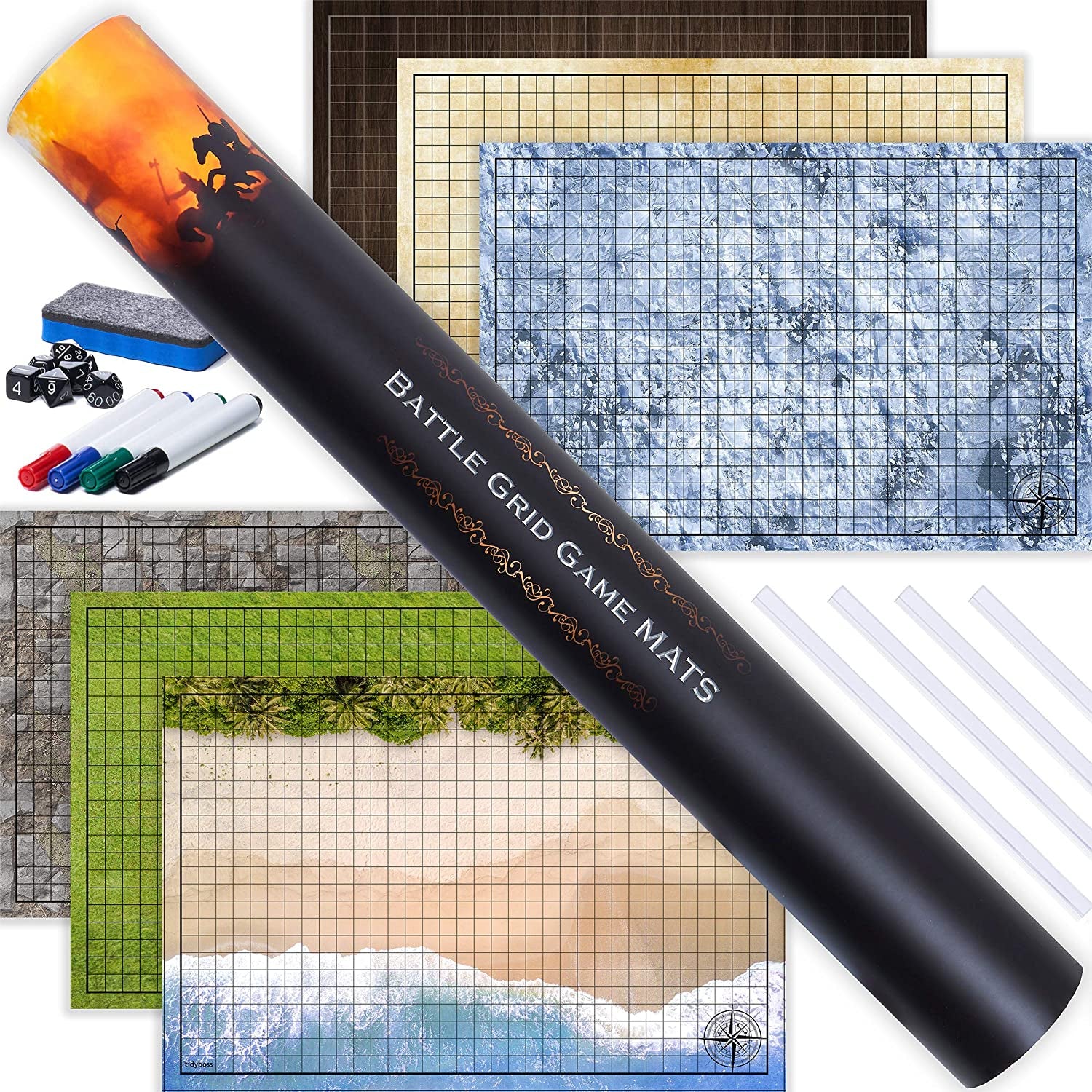 Dungeons and Dragons Starter Set | 3 X Double Sides 24X 36 Game Grid Mat | 6 Terrains Includes Dry Erase Markers, Eraser, Dice and Clips