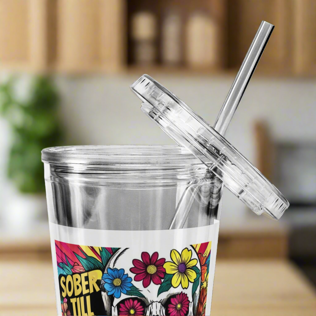 ☠️🌺 "Sober Till It’s Over" – Floral Skull Tumbler (16 oz) ⚔️ 🤘
